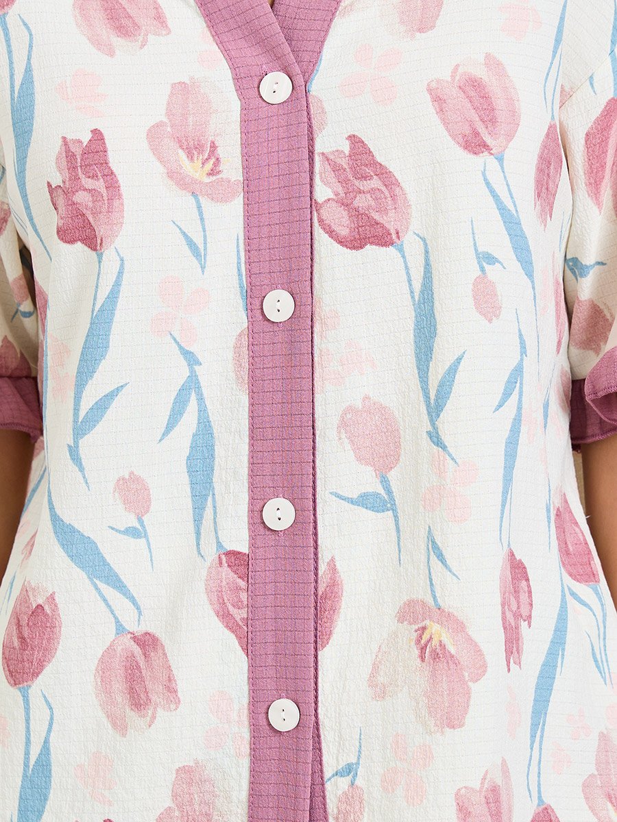 Off White Floral Ruffle Trim Shirt and Pyjama Set