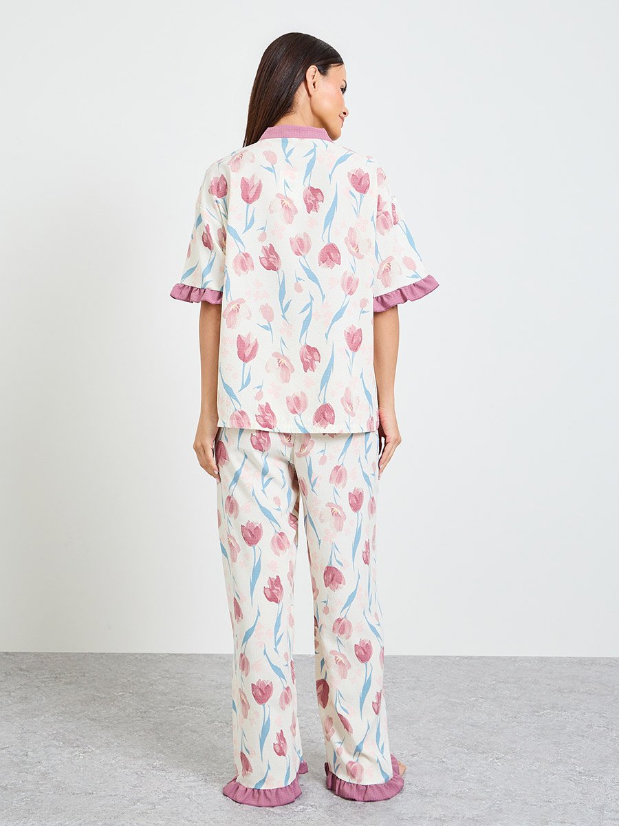 Off White Floral Ruffle Trim Shirt and Pyjama Set