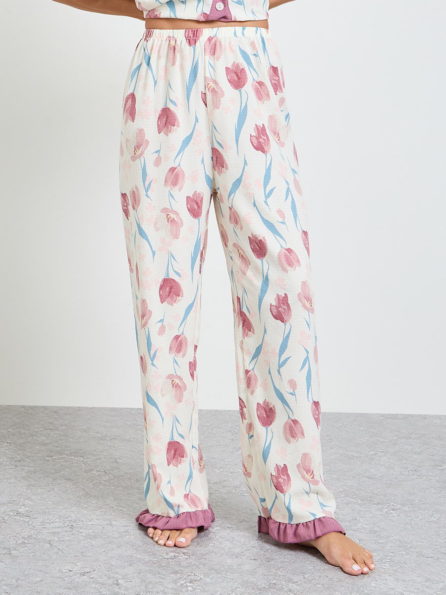 Off White Floral Ruffle Trim Shirt and Pyjama Set
