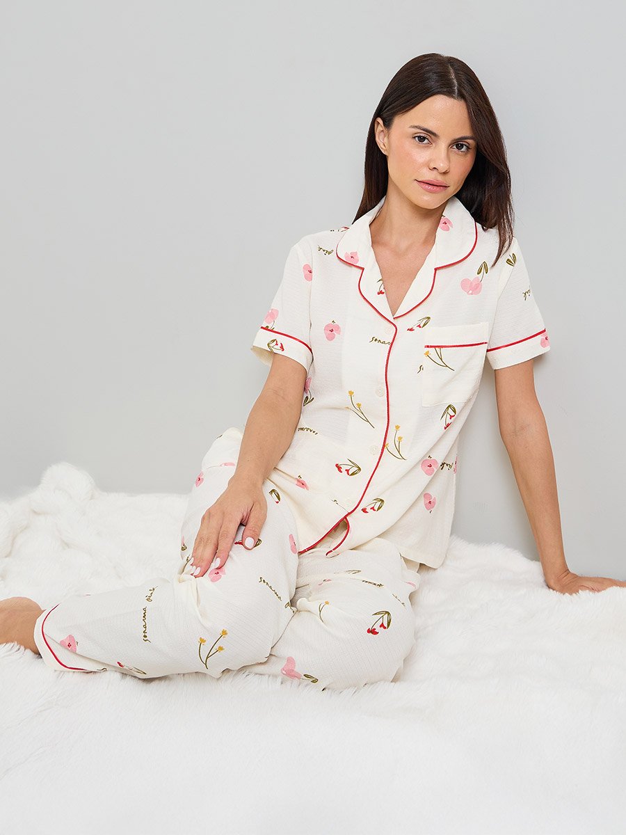 Off White Floral Print Shirt and Pyjama Set