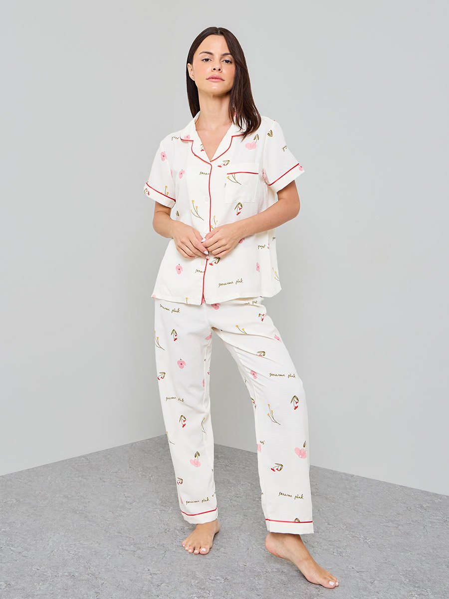 Off White Floral Print Shirt and Pyjama Set