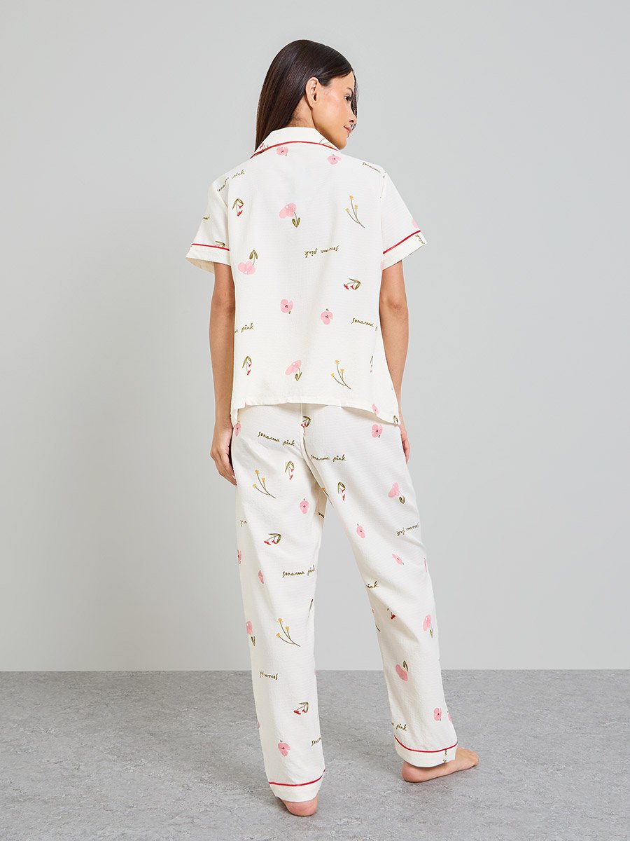 Off White Floral Print Shirt and Pyjama Set