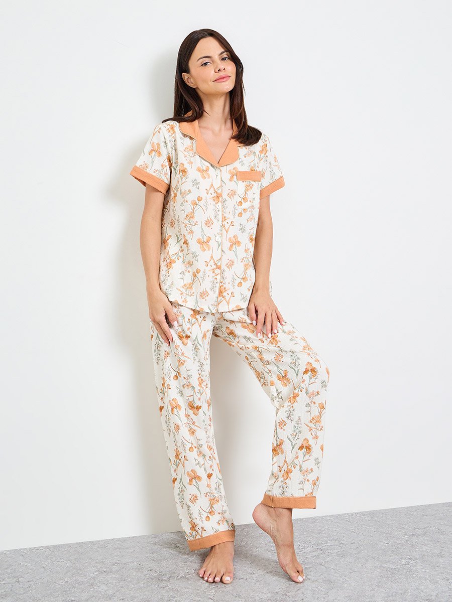 Off White Floral Print Shirt and Pyjama Set