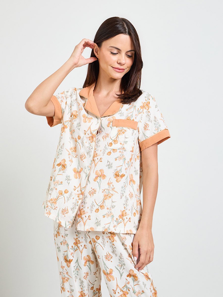 Off White Floral Print Shirt and Pyjama Set