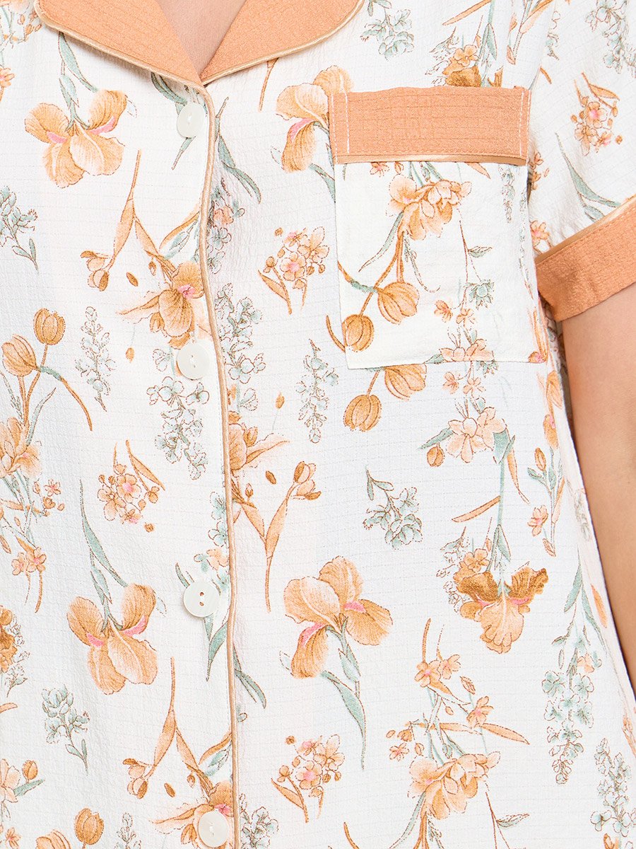 Off White Floral Print Shirt and Pyjama Set