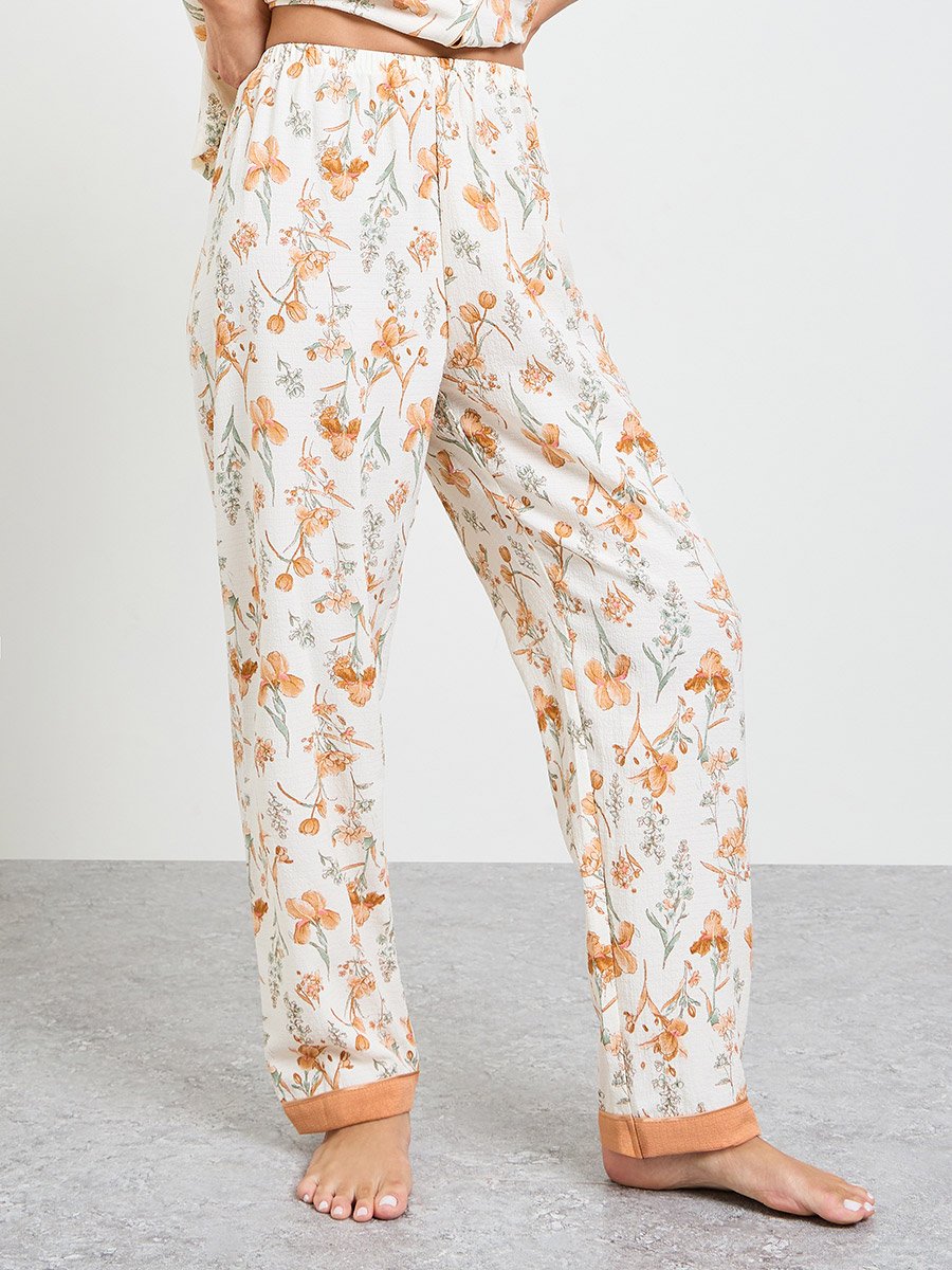 Off White Floral Print Shirt and Pyjama Set