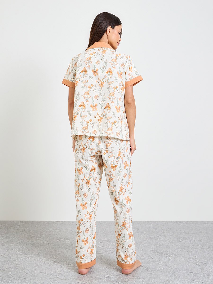 Off White Floral Print Shirt and Pyjama Set