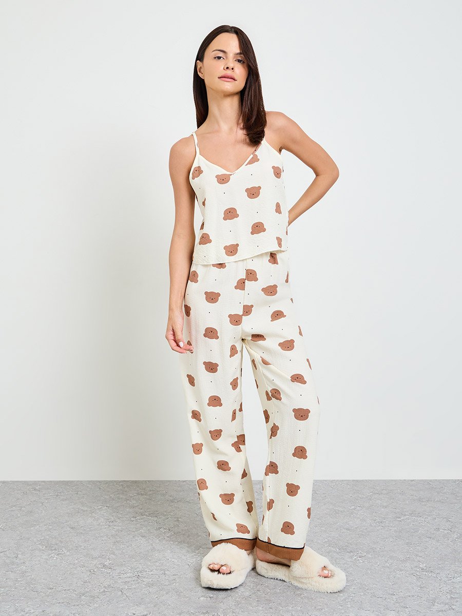 Cream Teddy Print Cami and Pyjama Set