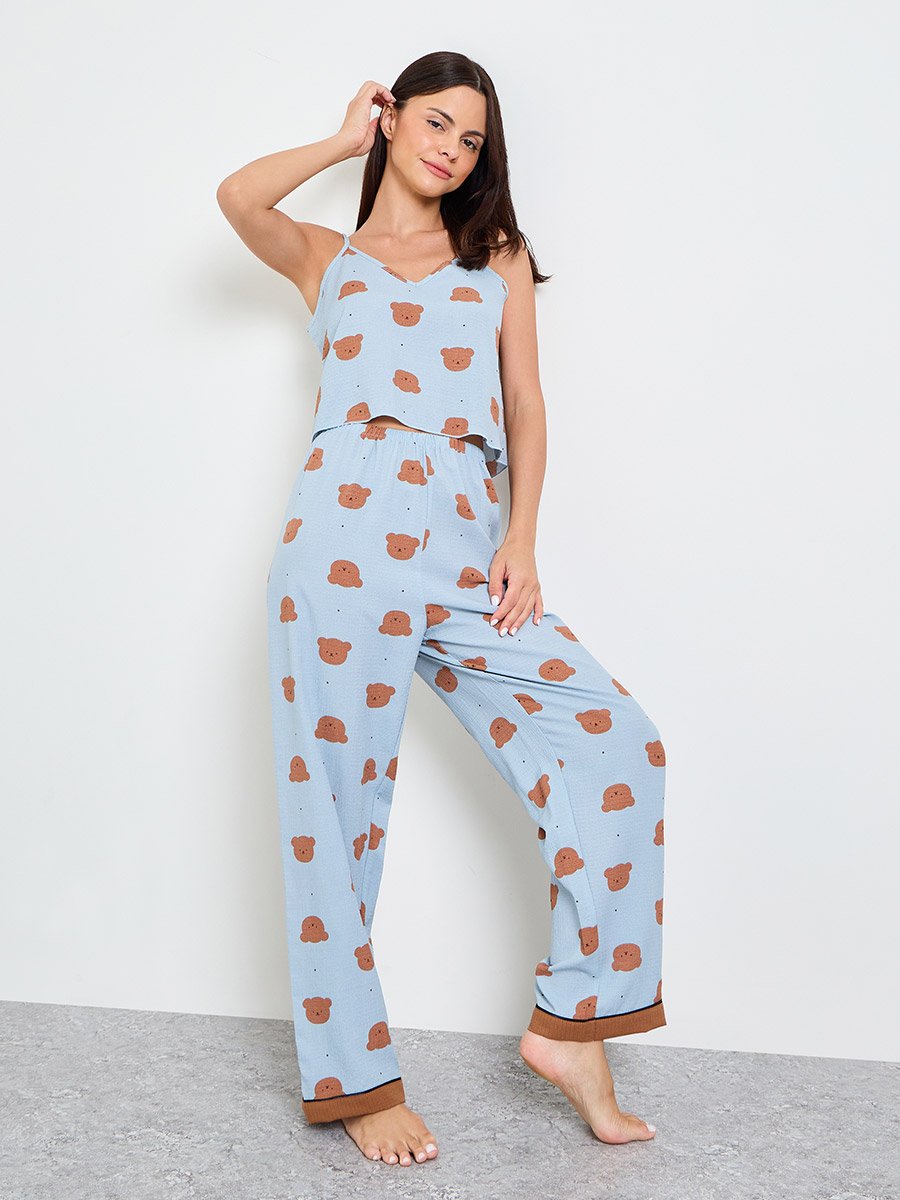 Blue Teddy Print Cami and Pyjama Set