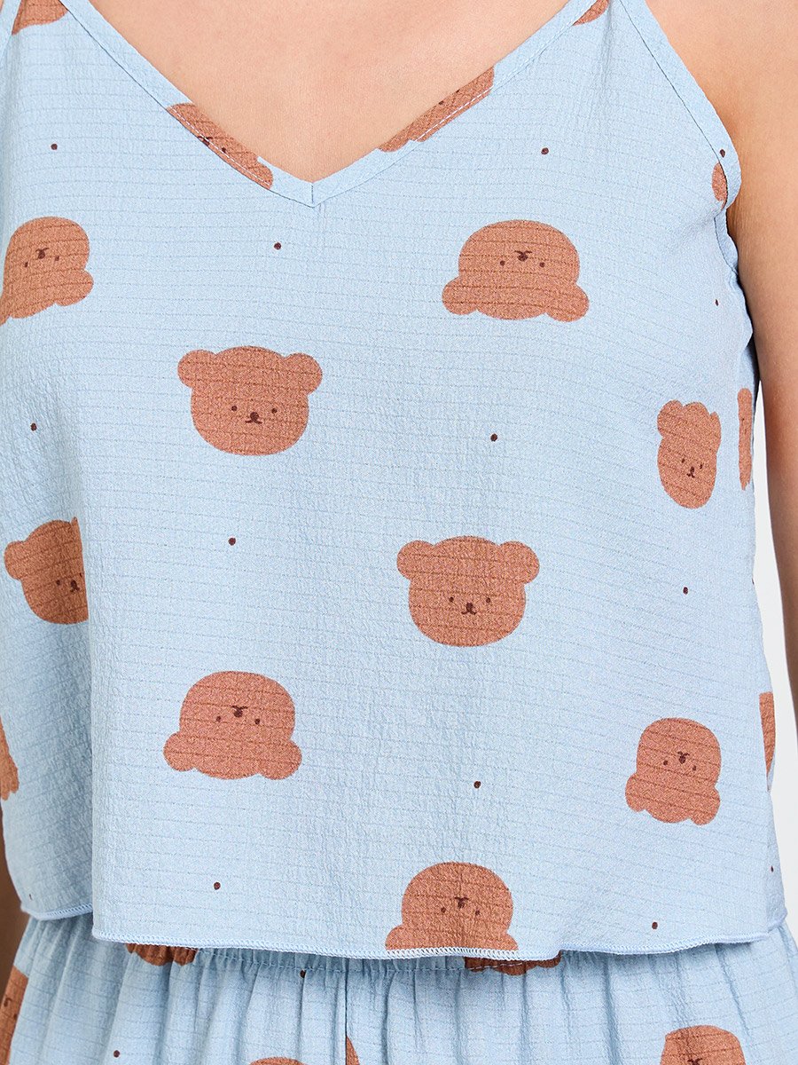 Blue Teddy Print Cami and Pyjama Set