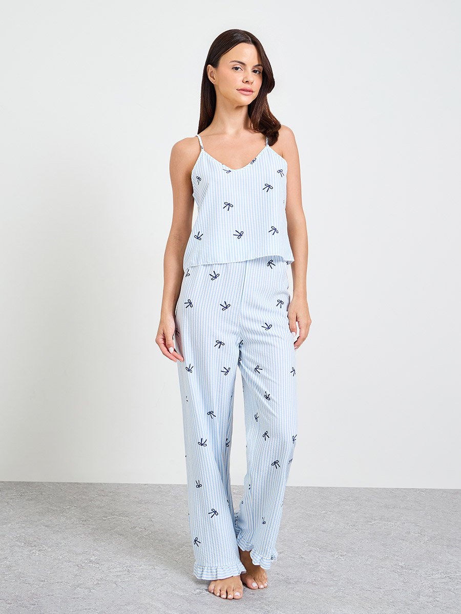 Blue Striped Bow Print Cami and Pyjama Set