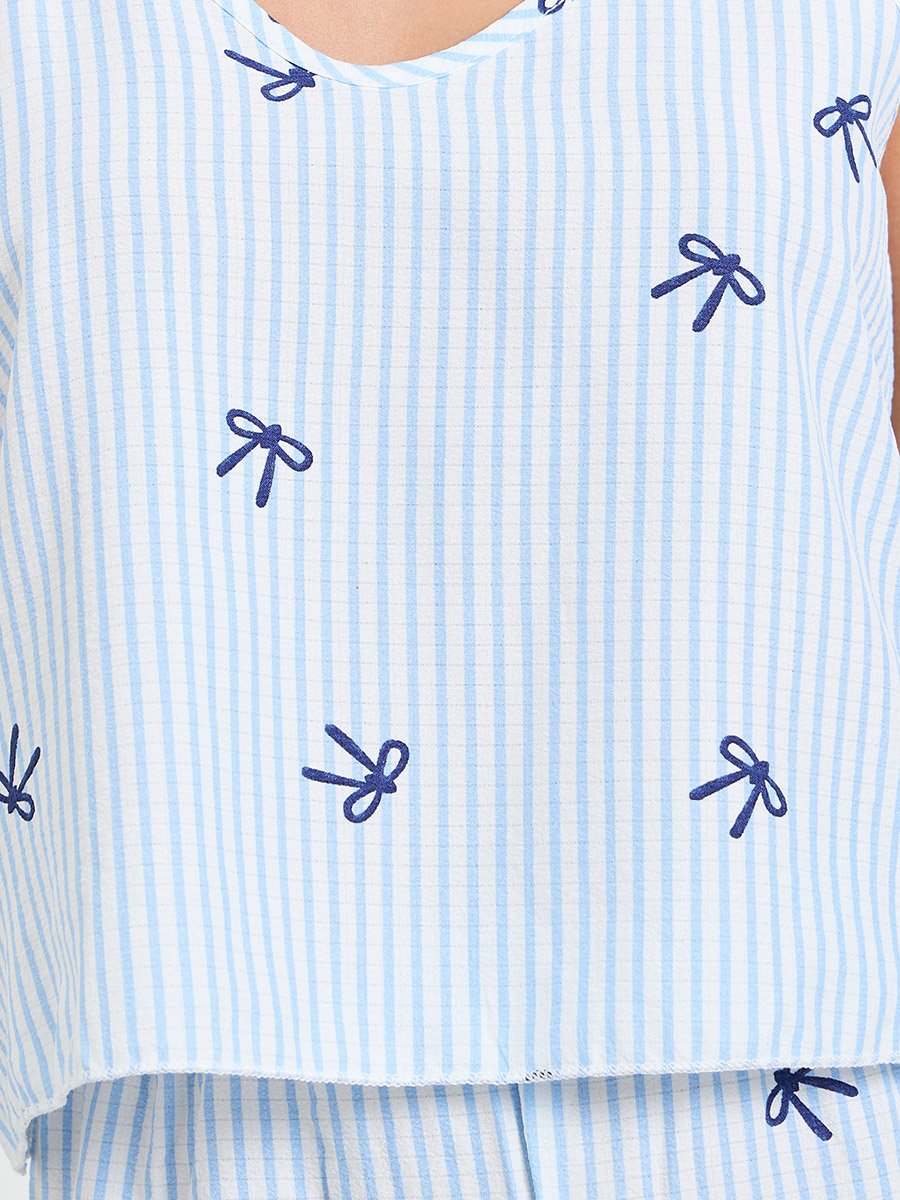 Blue Striped Bow Print Cami and Pyjama Set