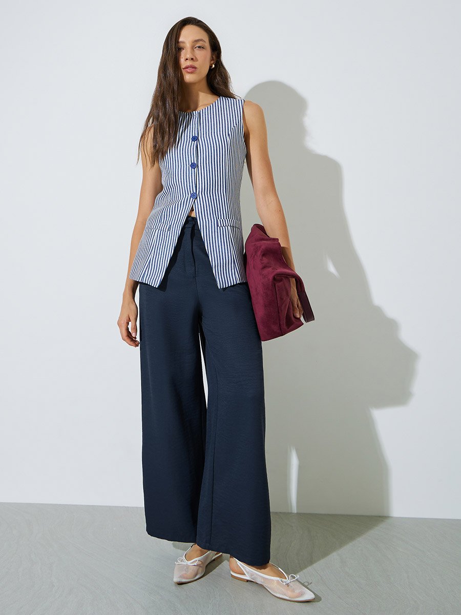 Navy Blue Wide Leg Pants with Side Pocket