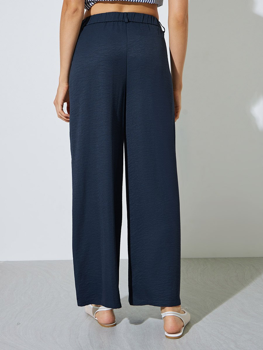 Navy Blue Wide Leg Pants with Side Pocket