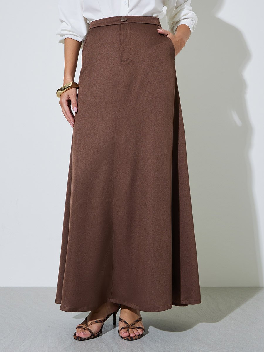 Brown A-Line Maxi Skirt with Side Pocket