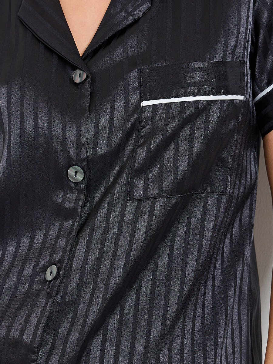 Black Striped Pattern Satin Shirt and Shorts Set