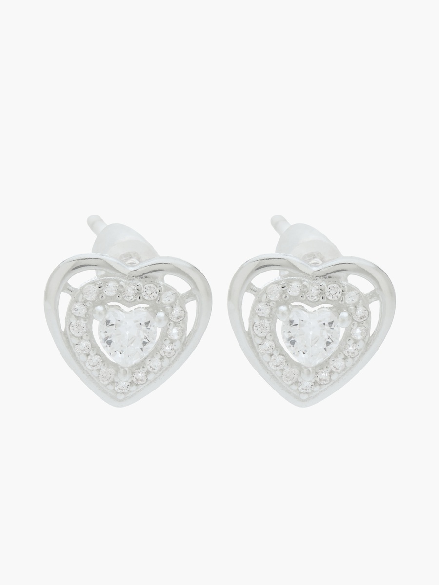 Silver Tone Heart Stud Earrings with Pushback Closure