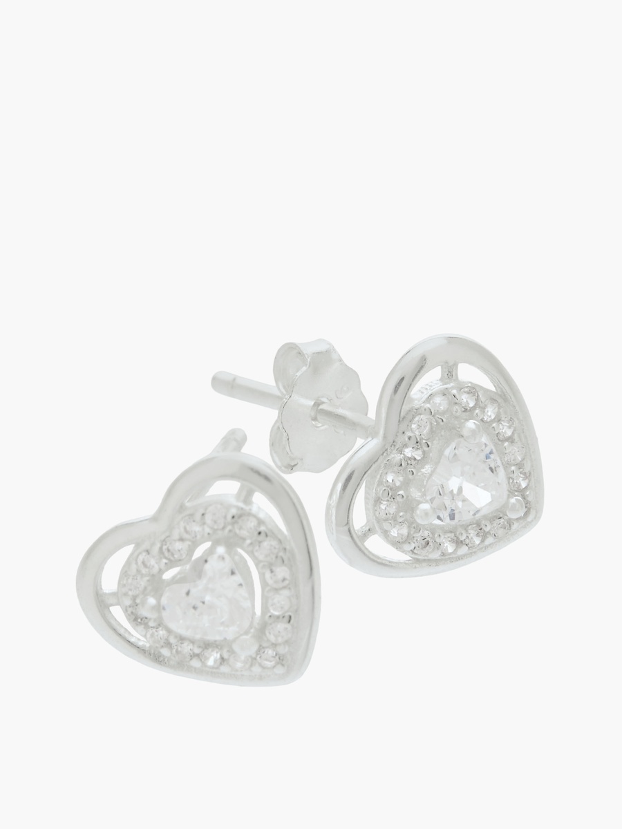 Silver Tone Heart Stud Earrings with Pushback Closure