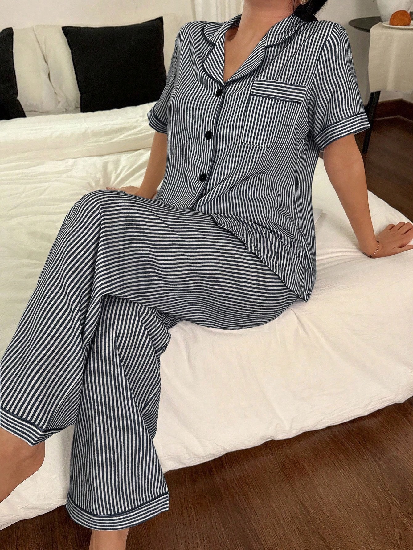 Striped Short Sleeve Shirt and Pyjama Set