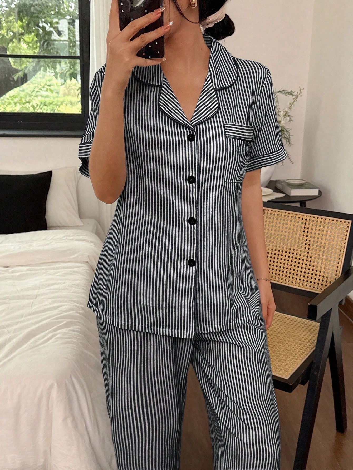 Striped Short Sleeve Shirt and Pyjama Set