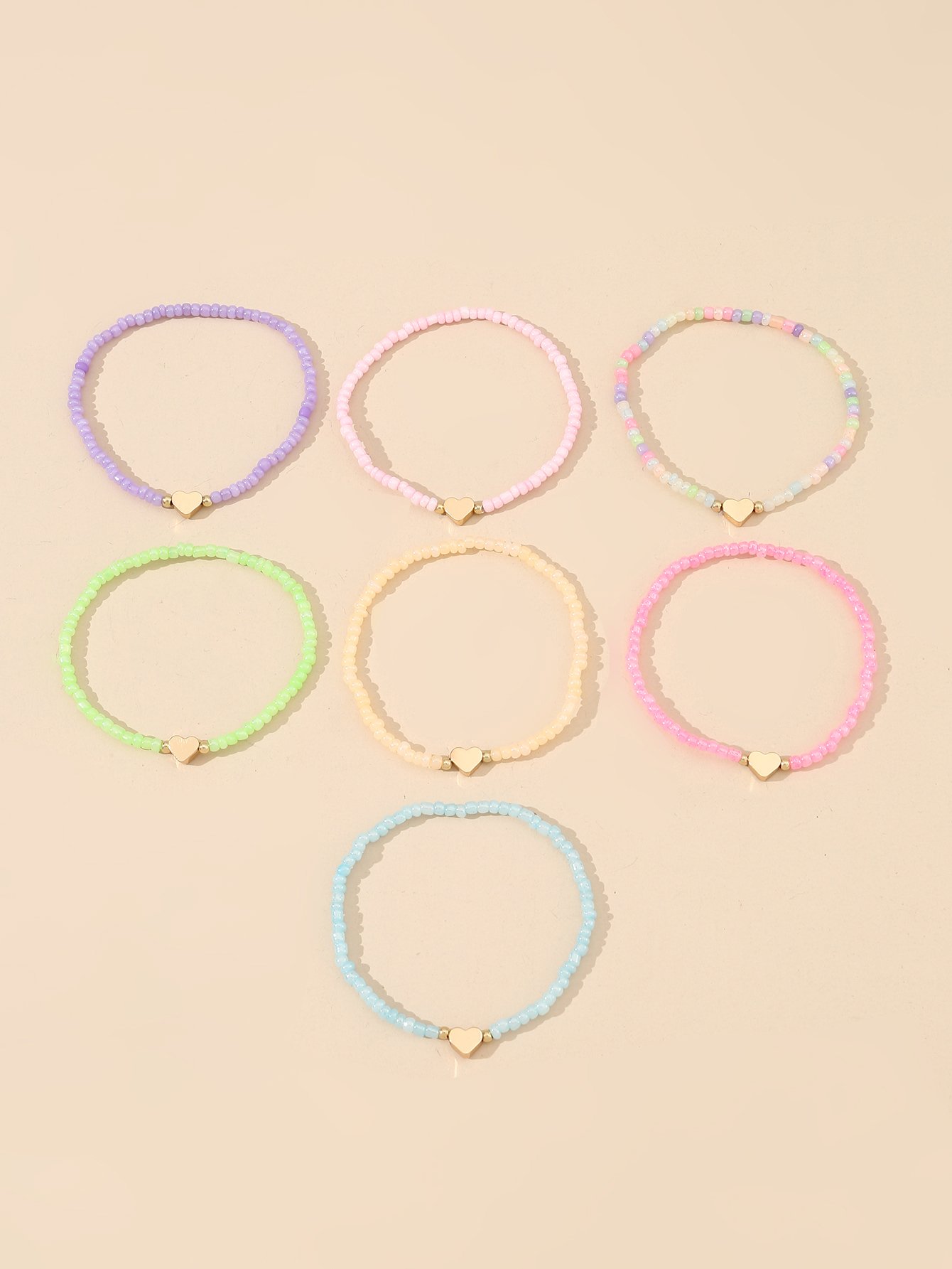 Pack of 7 - Pastel Beaded Heart Bracelet