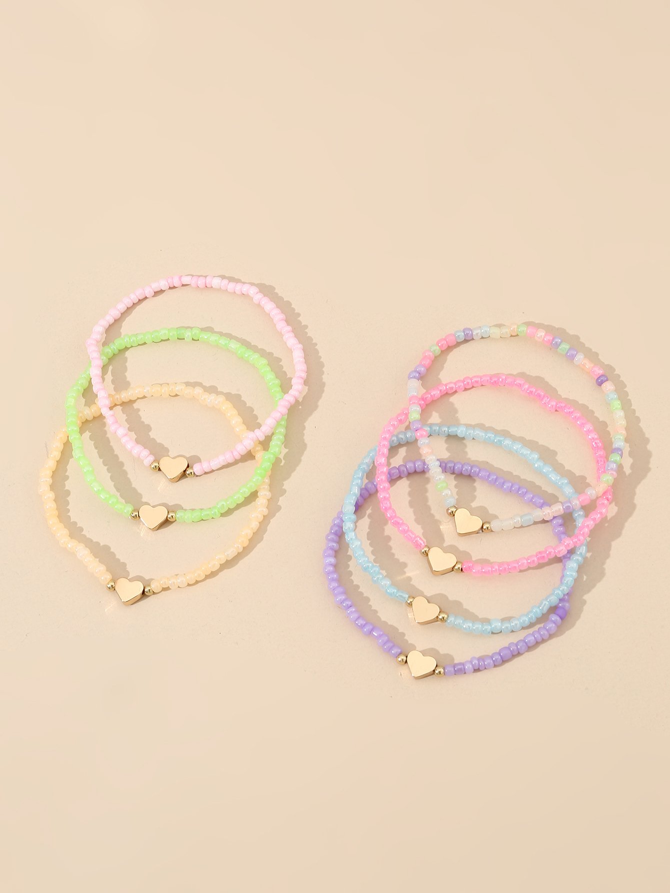 Pack of 7 - Pastel Beaded Heart Bracelet