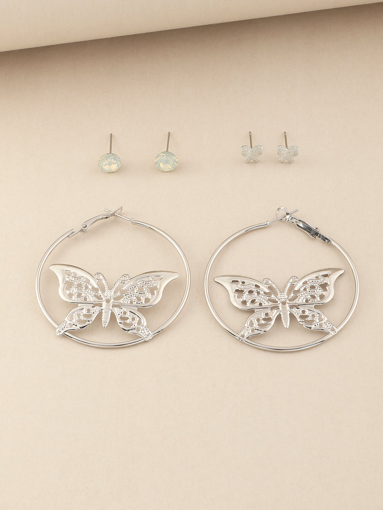 Set of 3 -  Butterfly Hoop and Stud Earrings