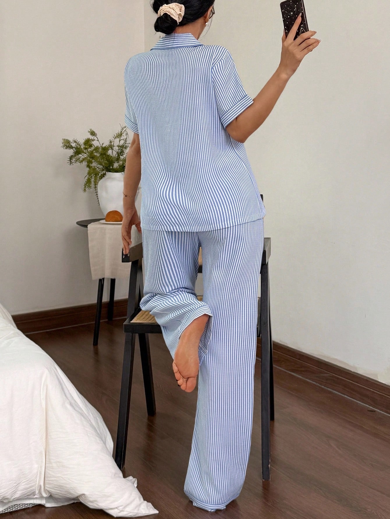 Striped Short Sleeve Shirt and Pyjama Set
