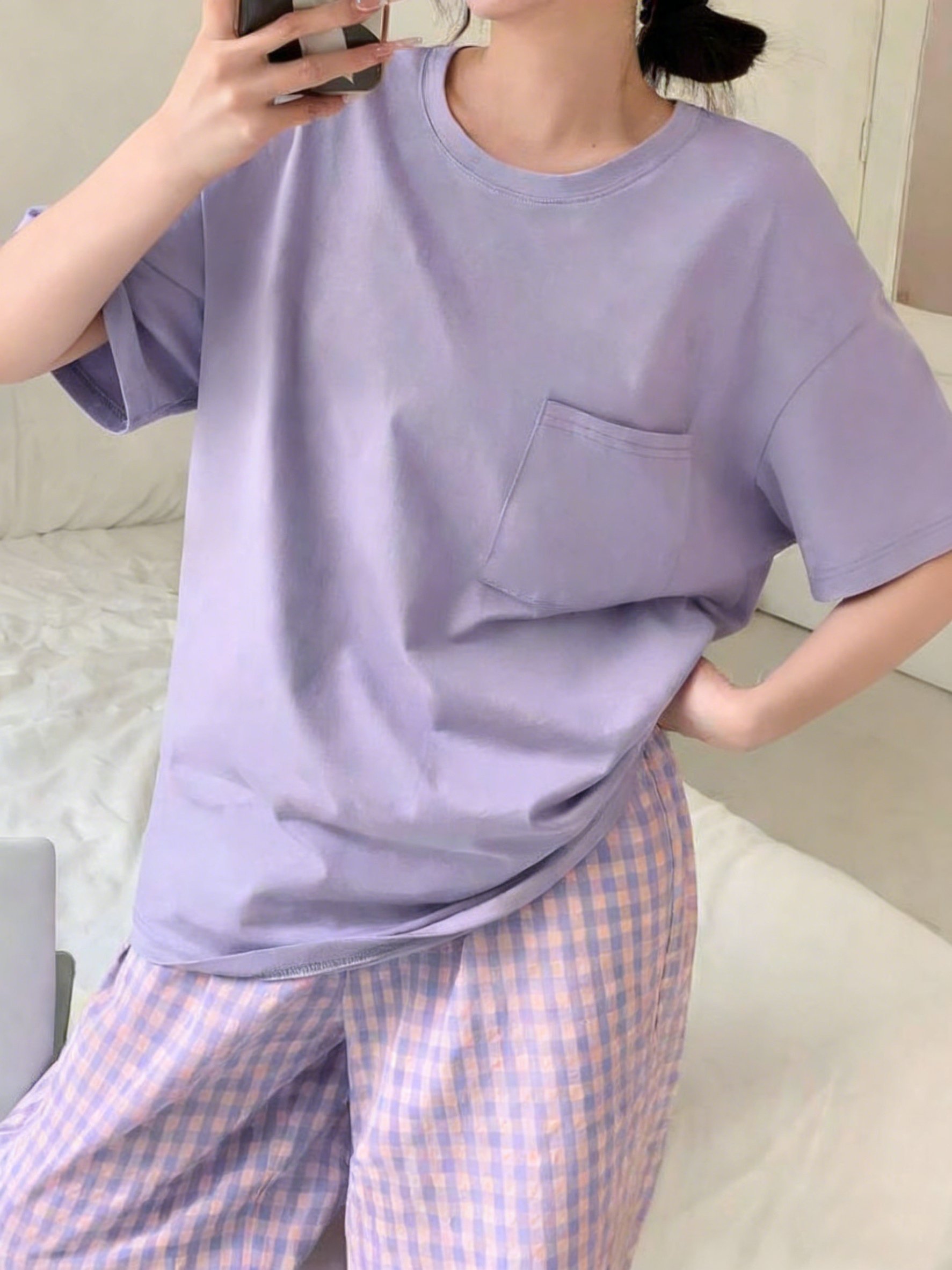 Solid Short Sleeve T-Shirt and Checked Pyjama Set