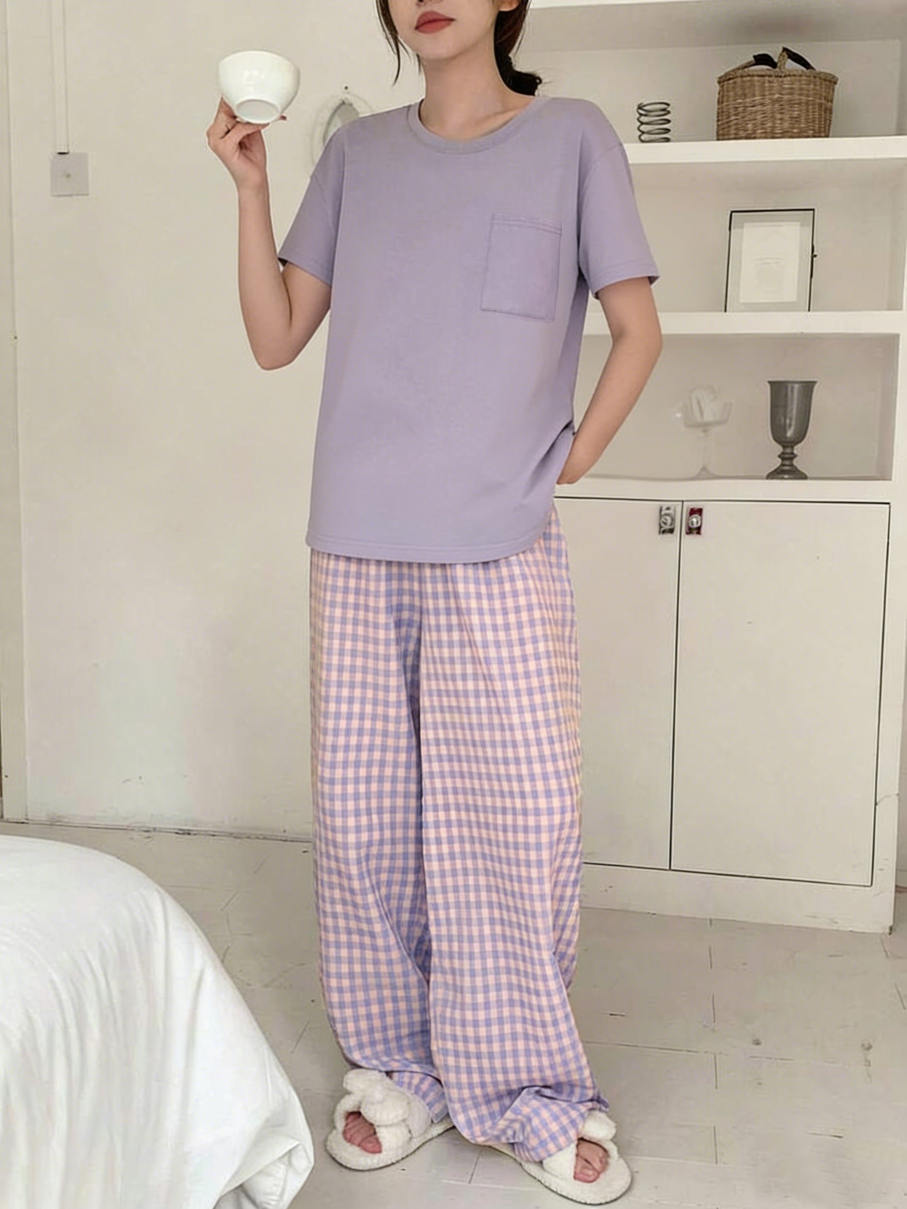 Solid Short Sleeve T-Shirt and Checked Pyjama Set