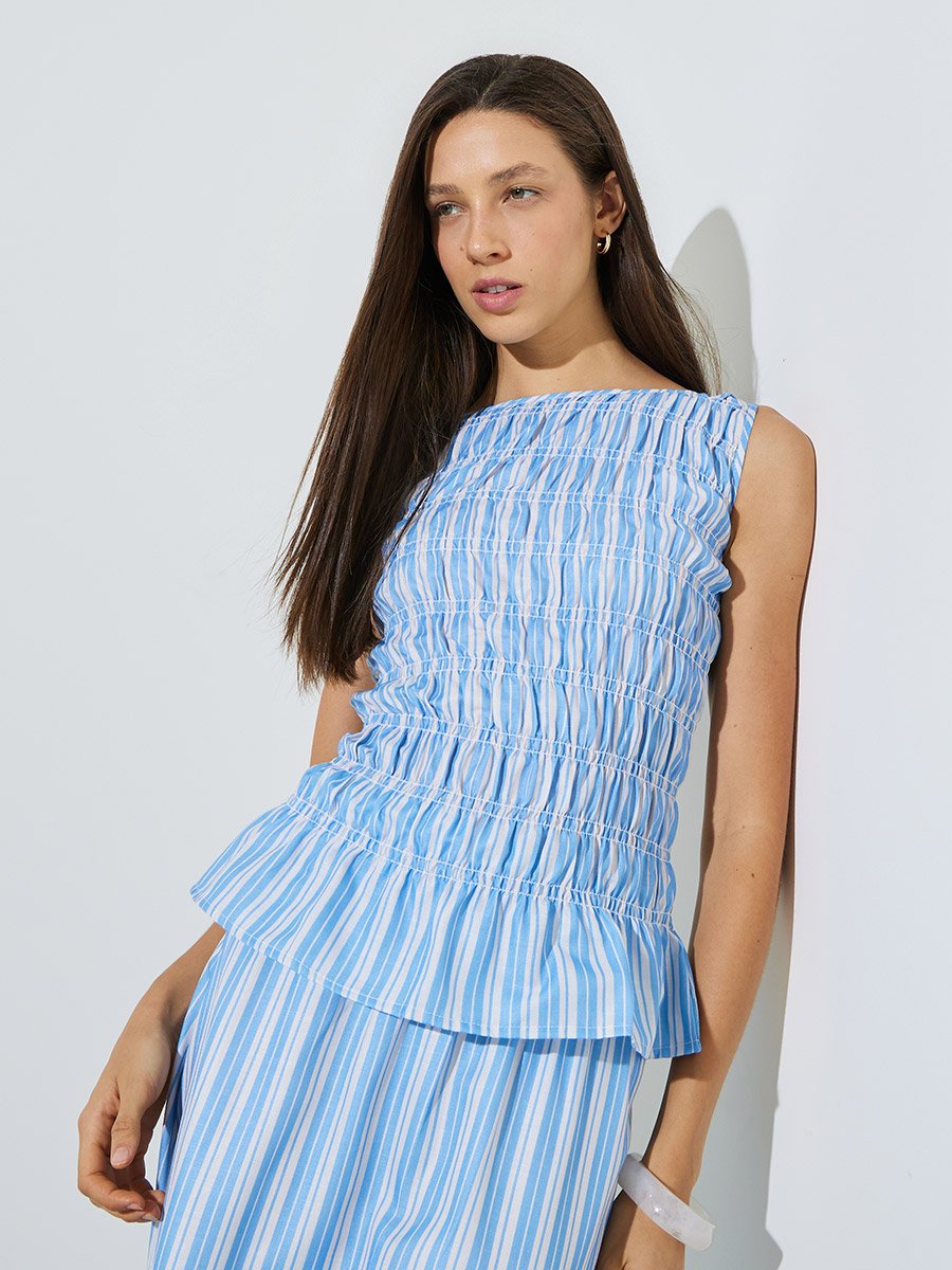 Blue Striped Sleeveless Peplum Top
