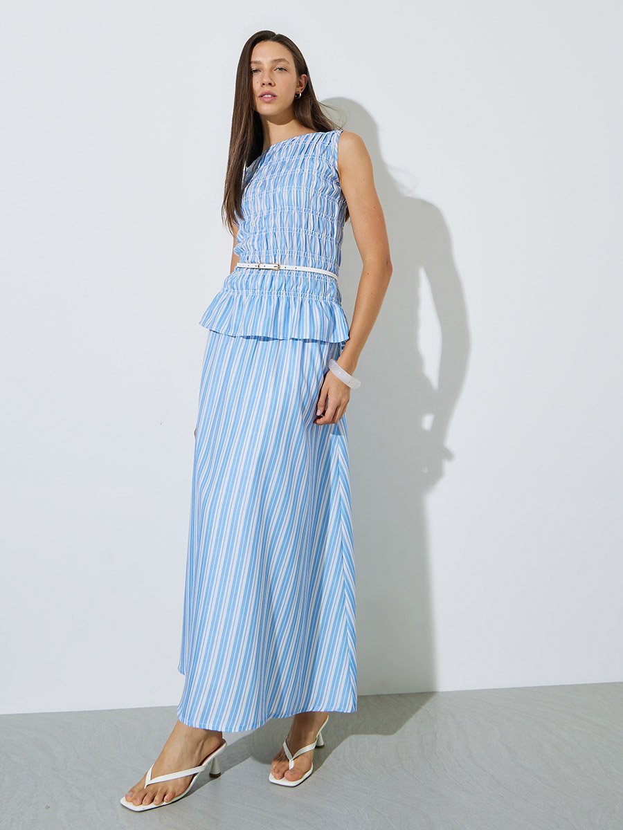 Blue Striped Sleeveless Peplum Top
