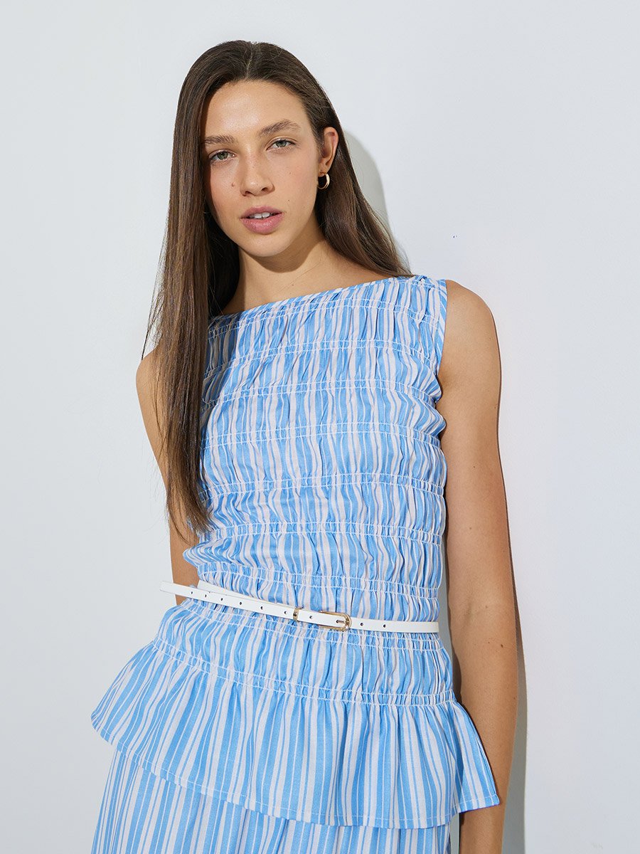 Blue Striped Sleeveless Peplum Top