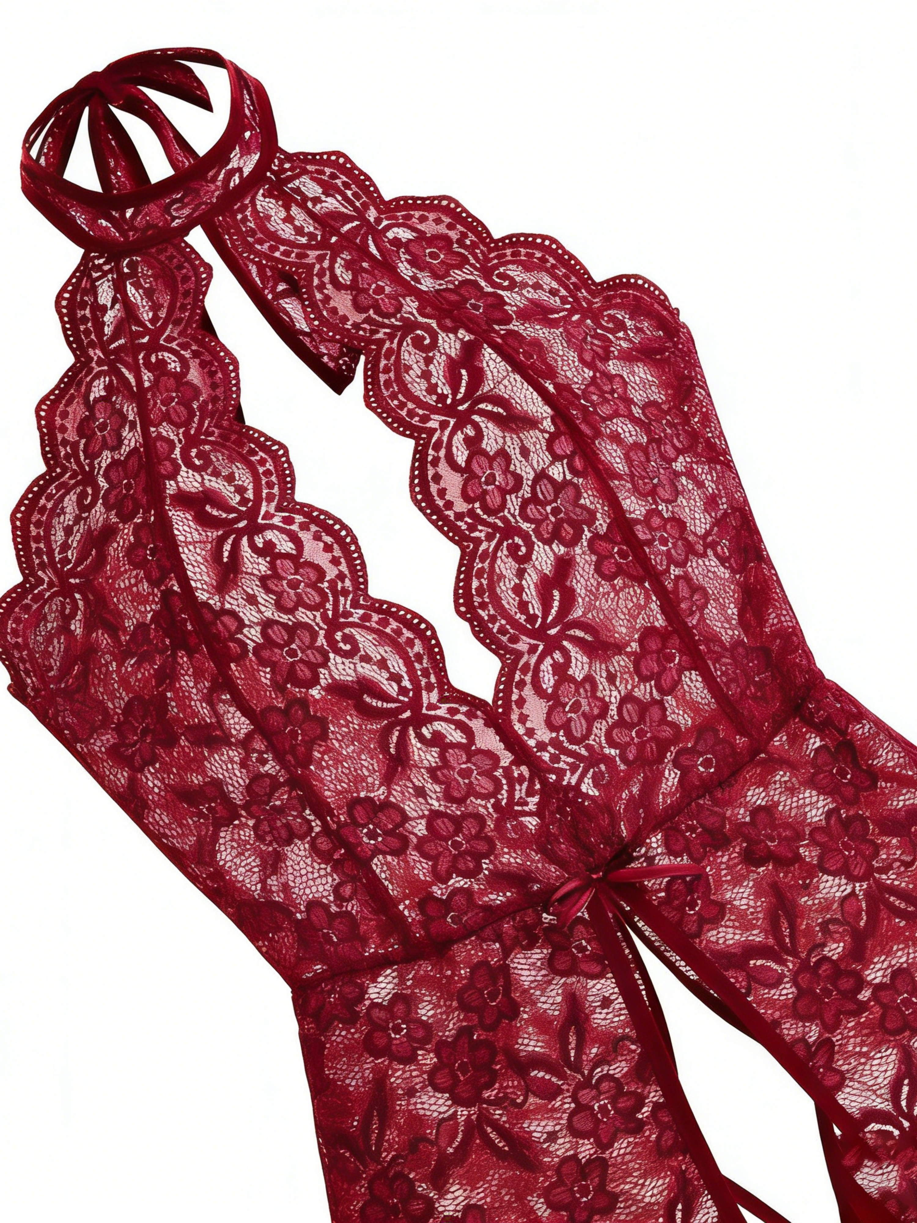Red Floral Lace Halter Neck Bodysuit