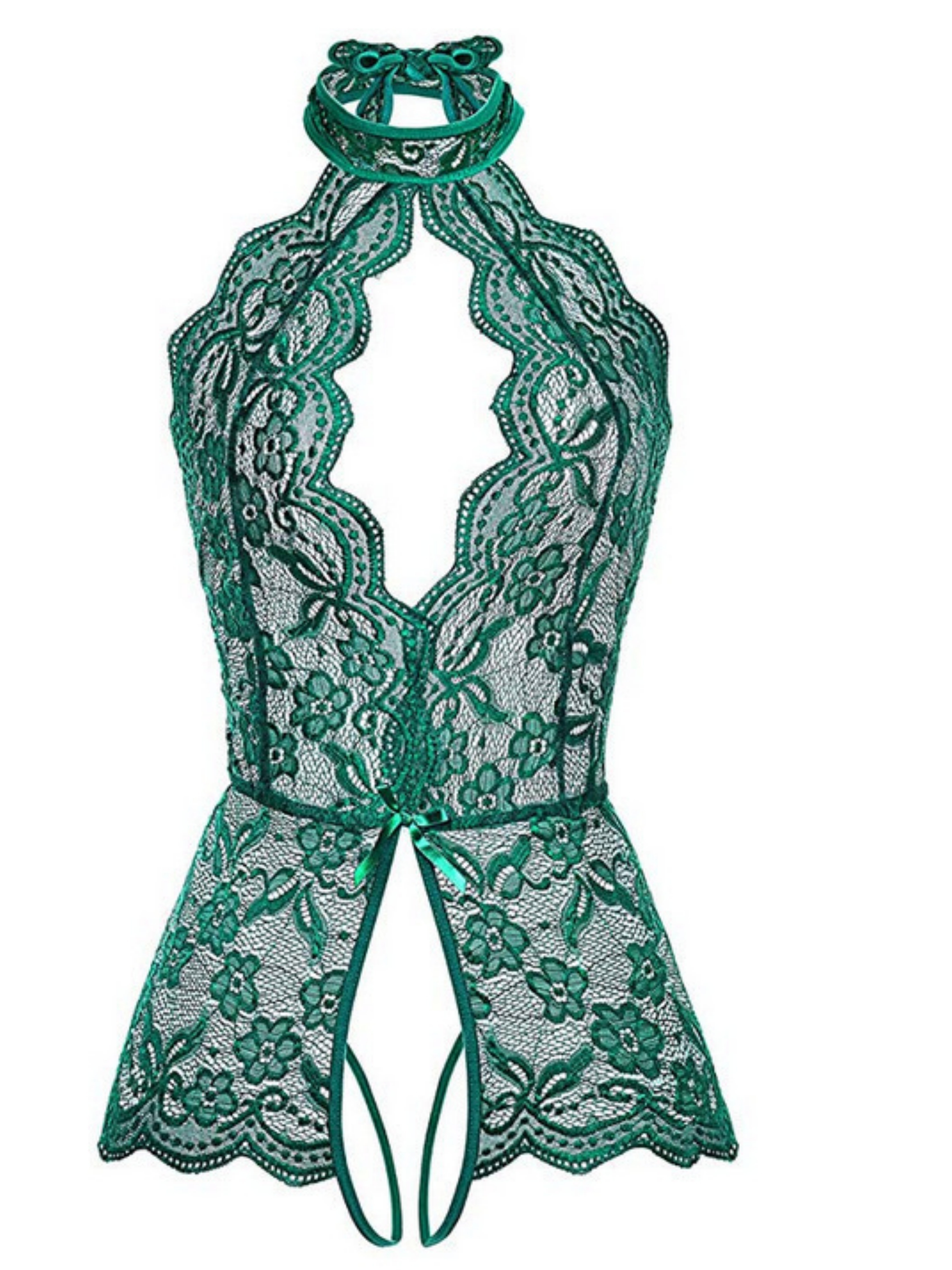 Dark Green Floral Lace Halter Neck Bodysuit