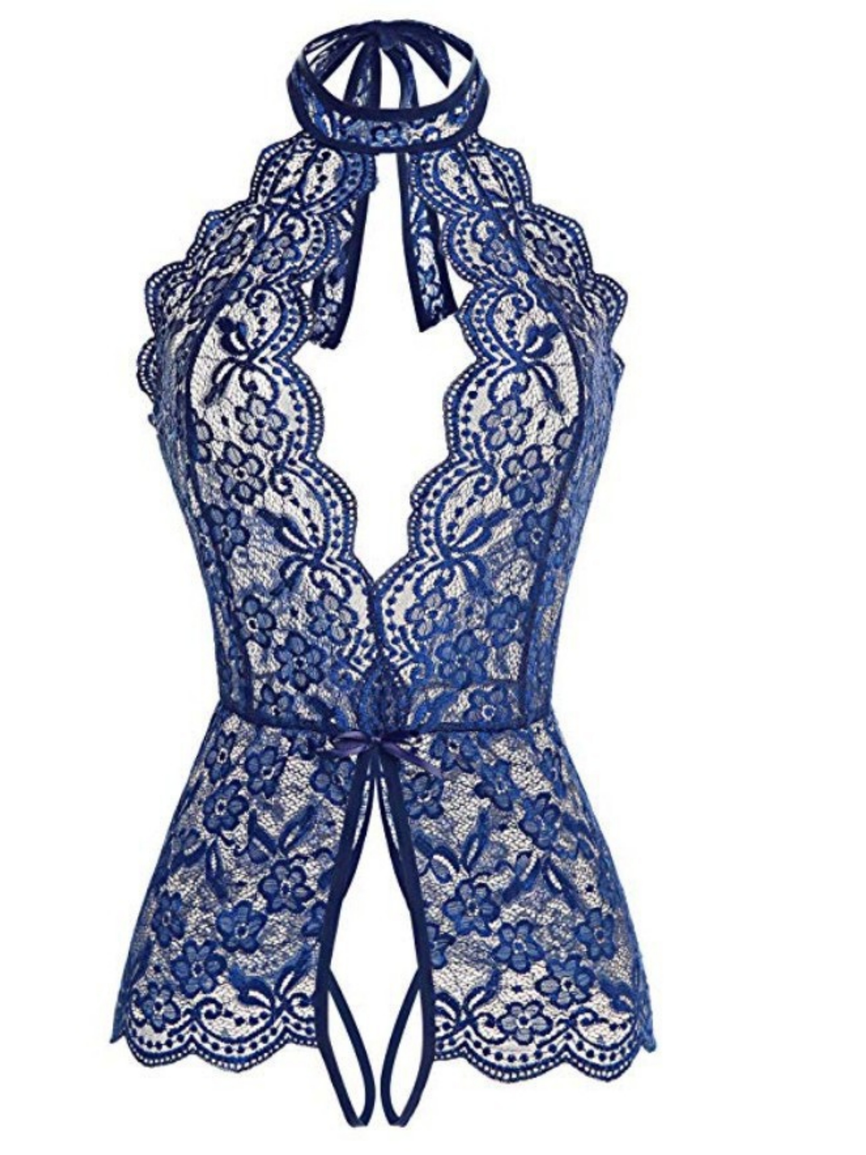 Dark Blue Floral Lace Halter Neck Bodysuit