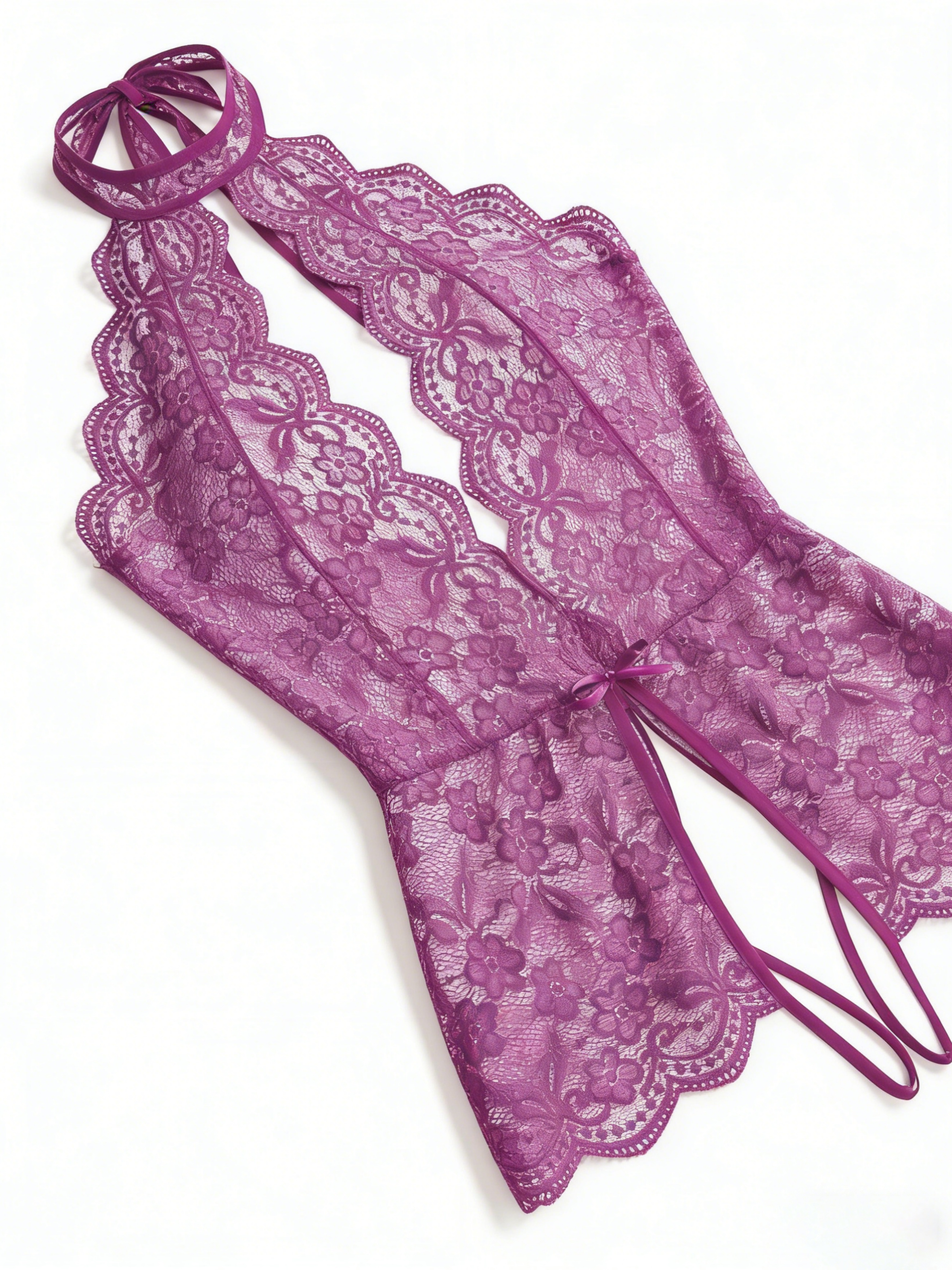 Purple Floral Lace Halter Neck Bodysuit