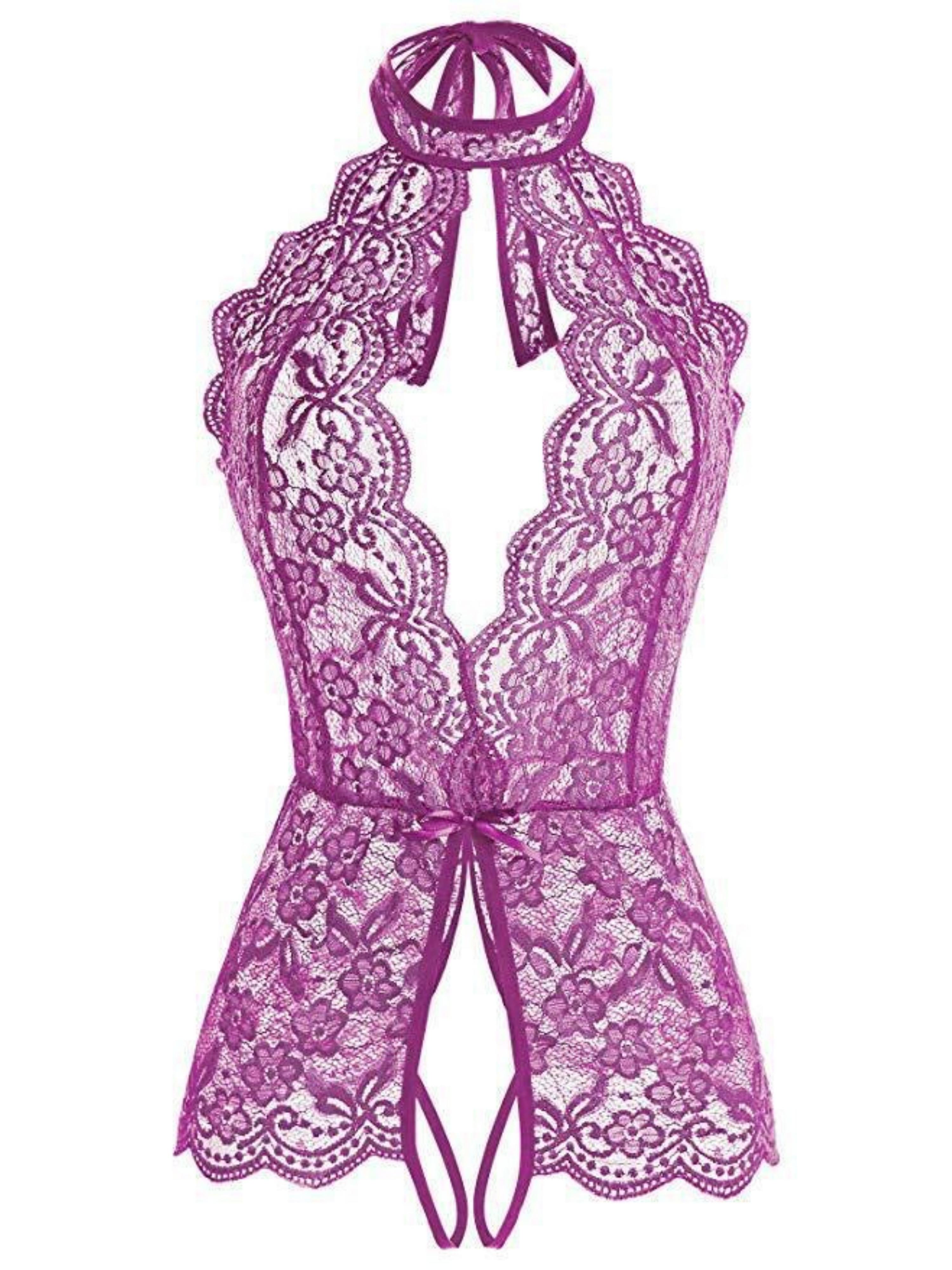 Purple Floral Lace Halter Neck Bodysuit