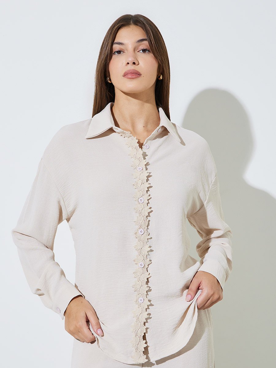 Off White Solid Lace Details Shirt and Wide Leg Pants Set