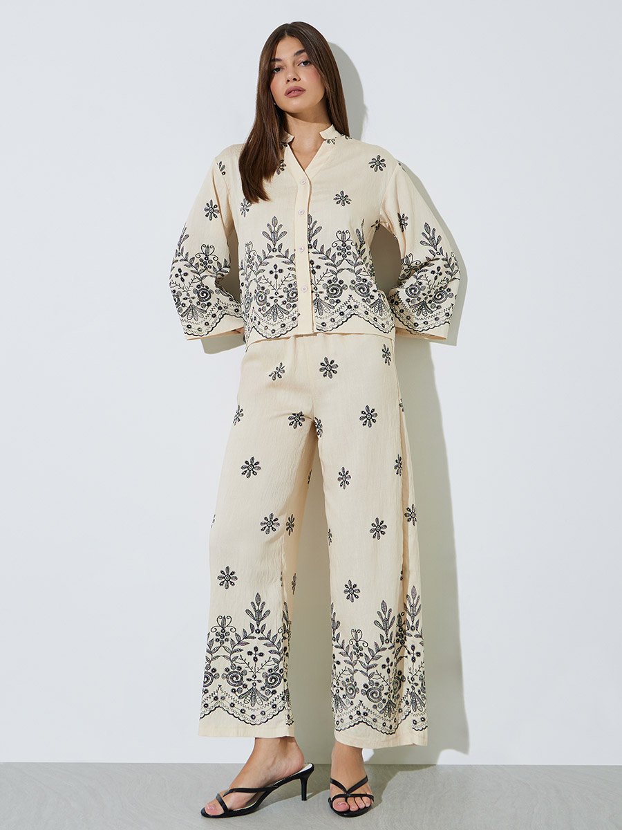 Cream Embroidered Shirt and Pants Co-ord Set