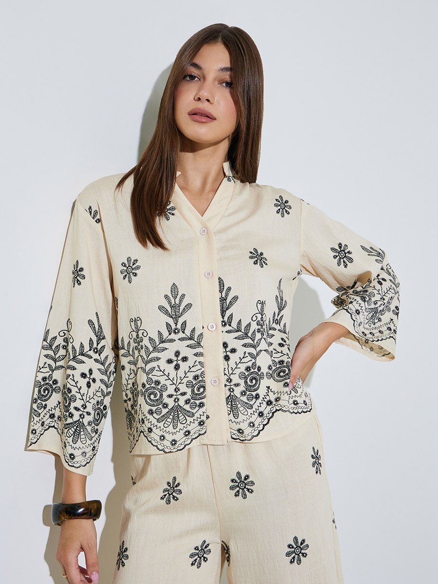 Cream Embroidered Shirt and Pants Co-ord Set