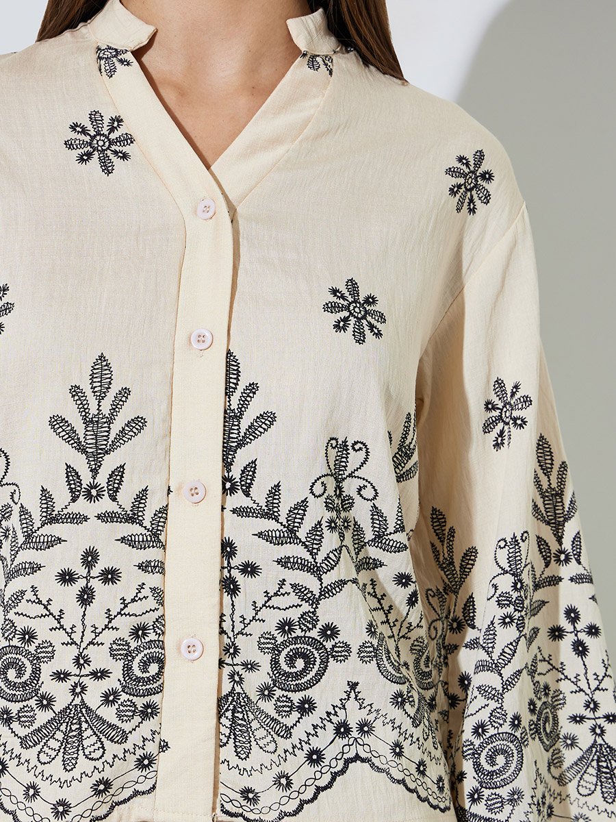 Cream Embroidered Shirt and Pants Co-ord Set