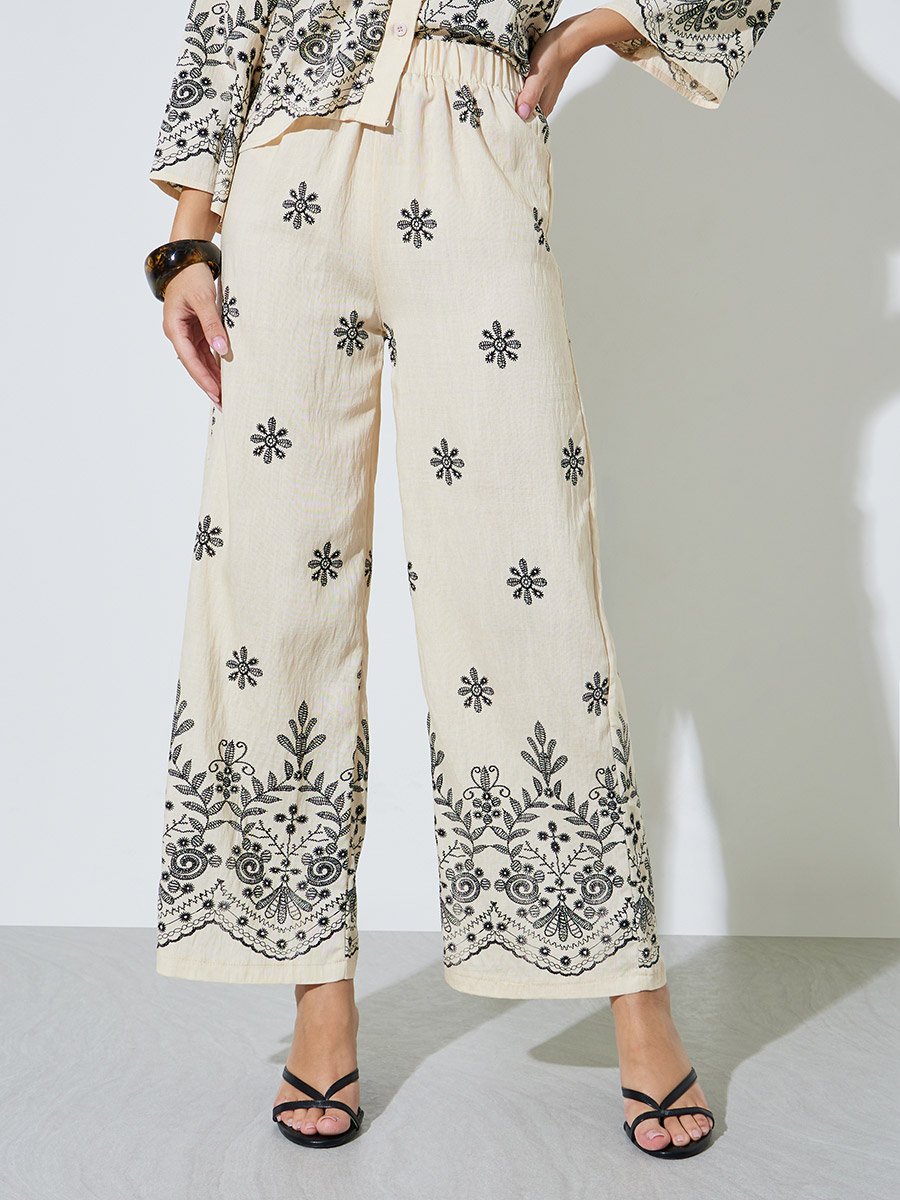 Cream Embroidered Shirt and Pants Co-ord Set