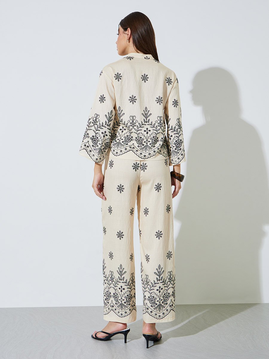 Cream Embroidered Shirt and Pants Co-ord Set