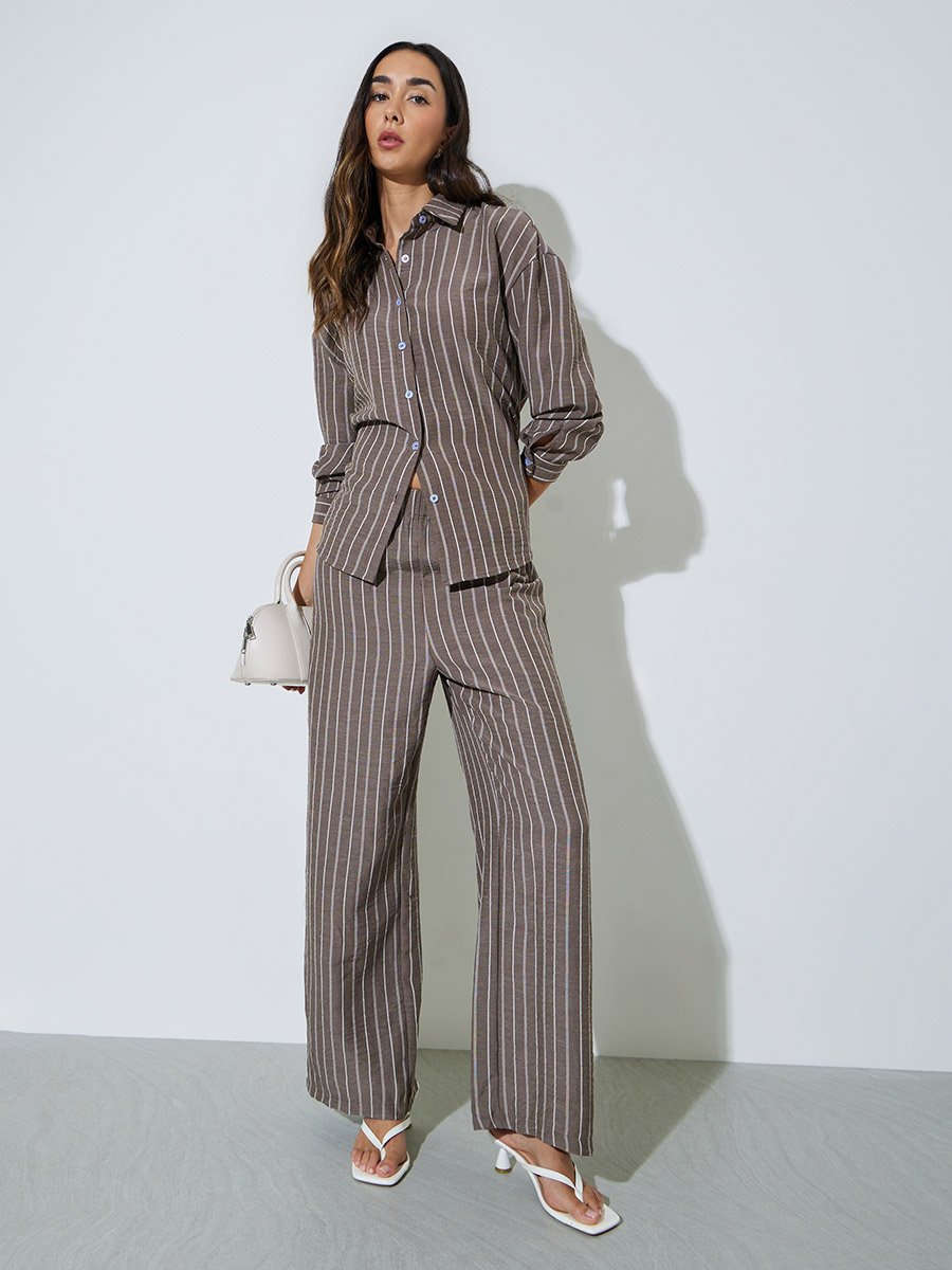 Brown Striped Shirt and Trousers Co-ord Set