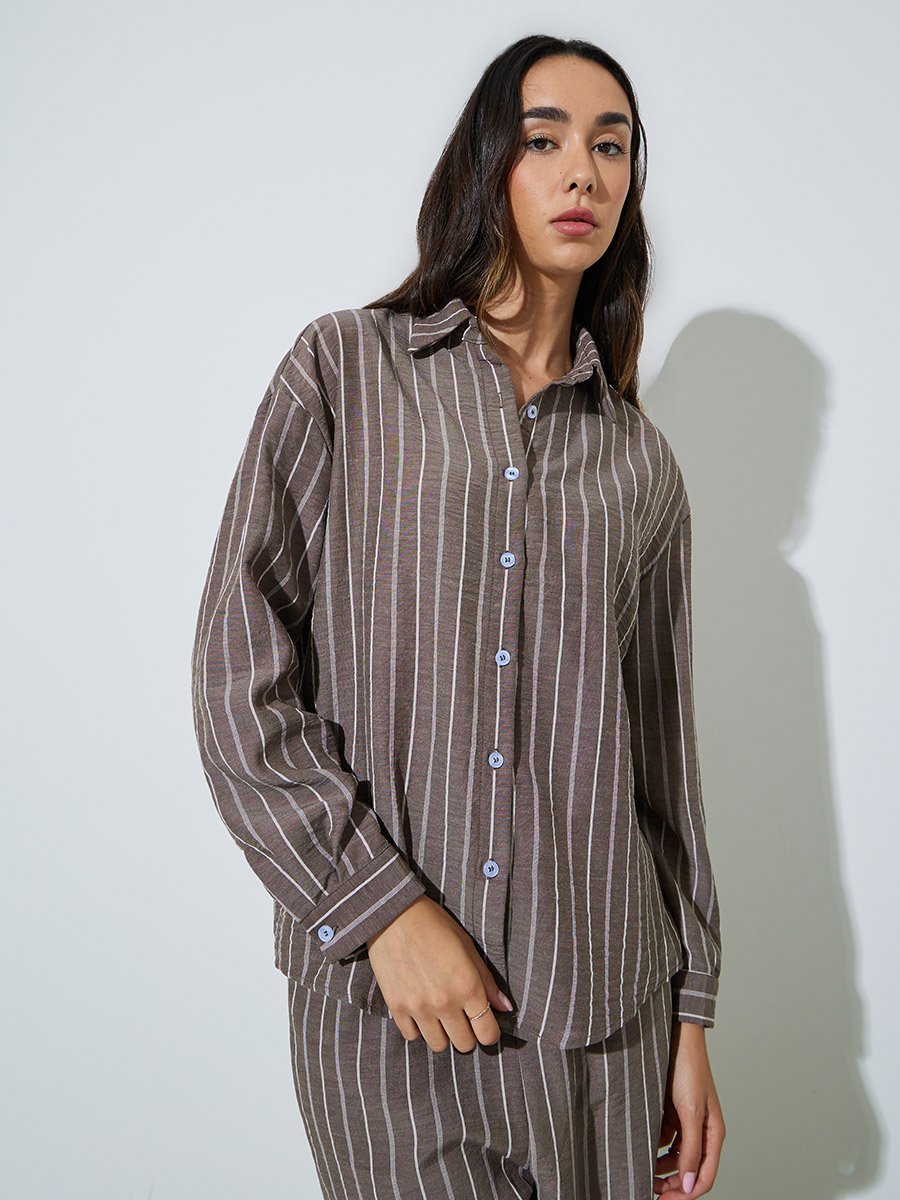 Brown Striped Shirt and Trousers Co-ord Set