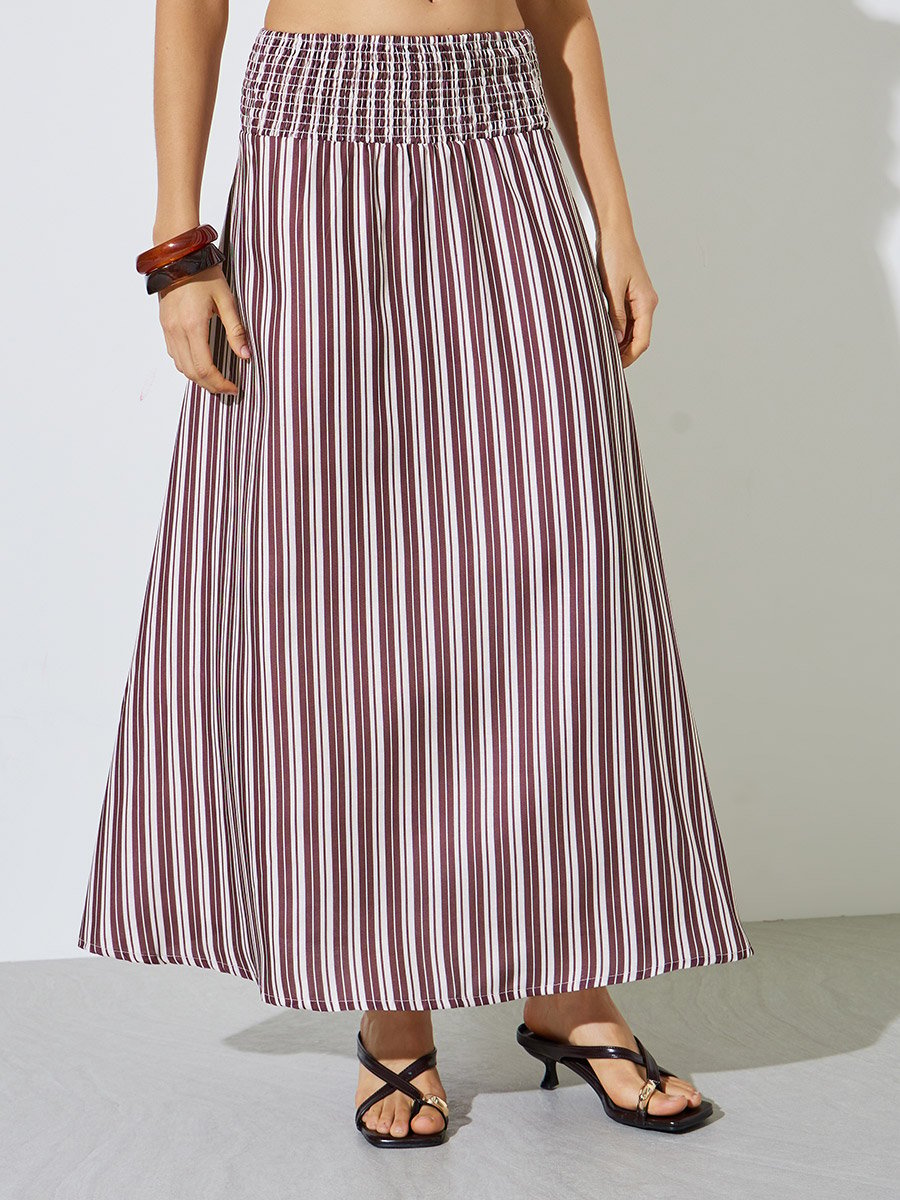Burgundy Striped Flared Maxi Skirt
