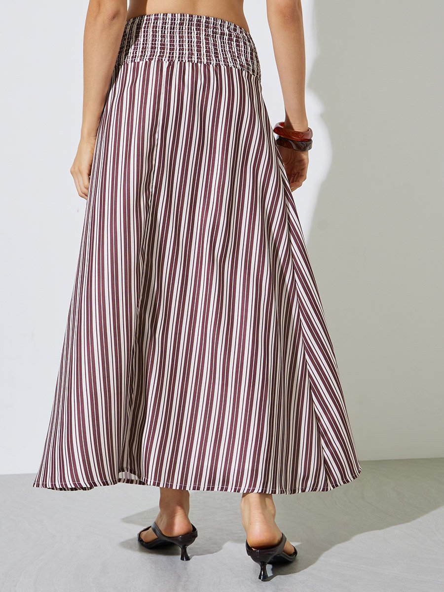 Burgundy Striped Flared Maxi Skirt