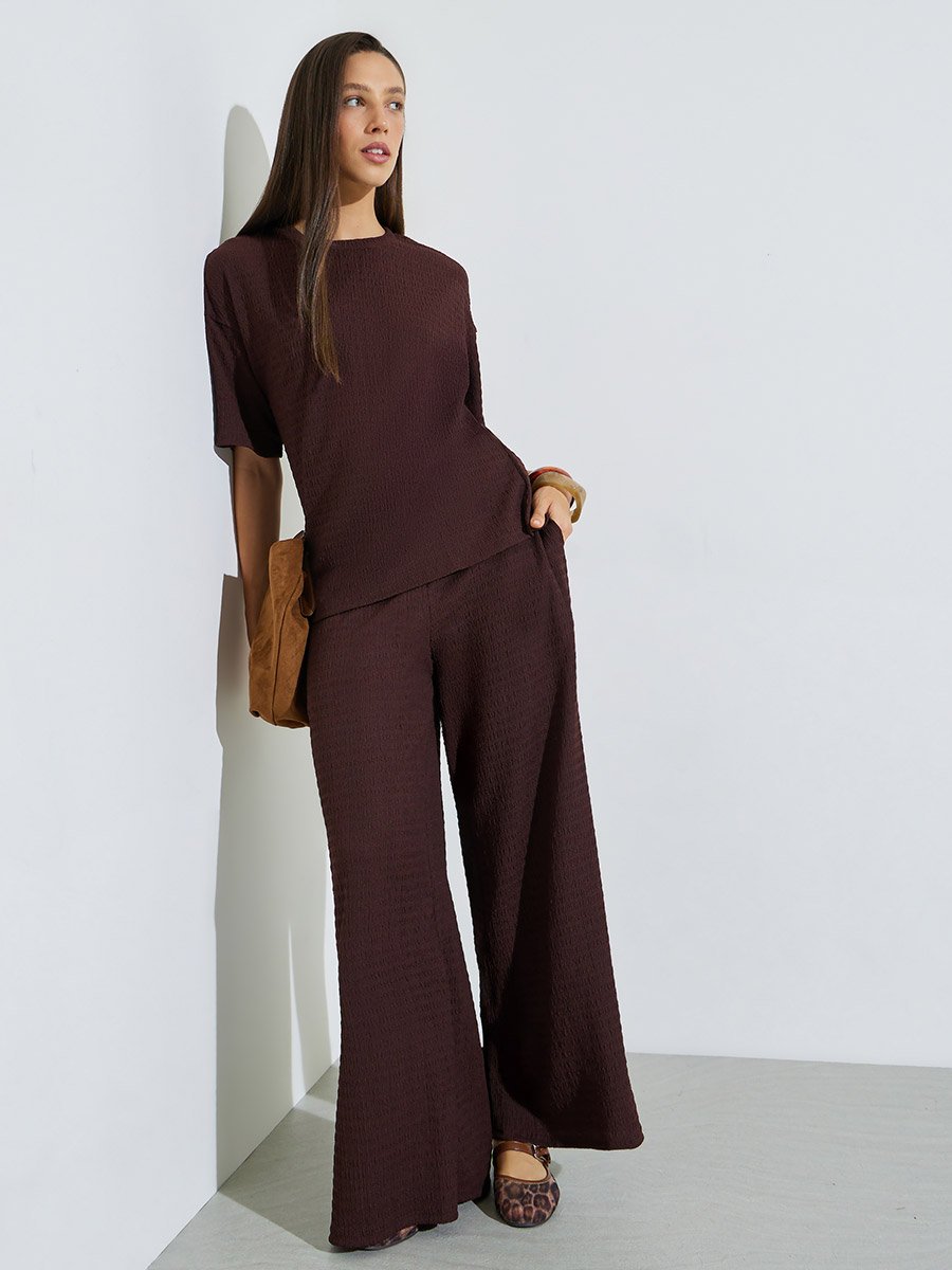 Coffee Brown Textured Top and Wide Leg Trousers Co-ord Set