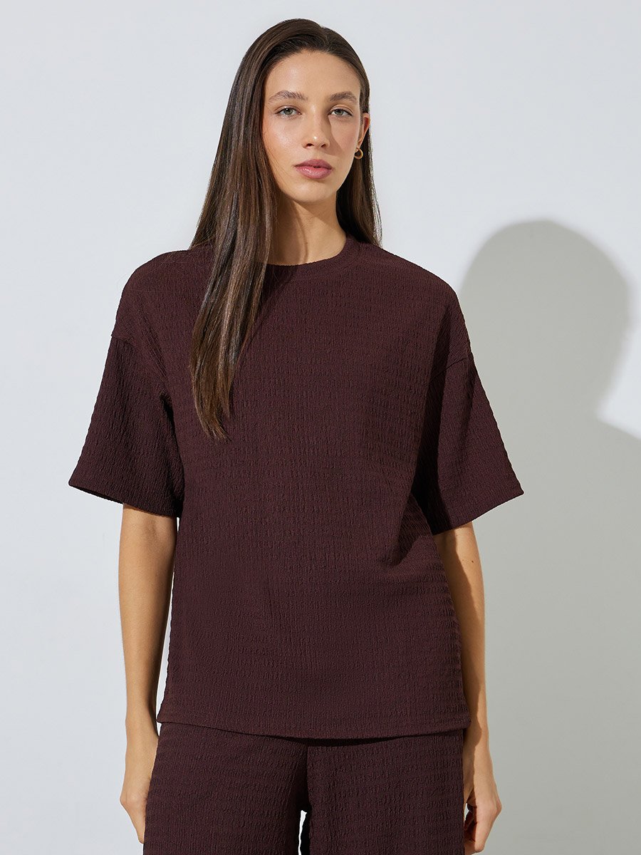 Coffee Brown Textured Top and Wide Leg Trousers Co-ord Set